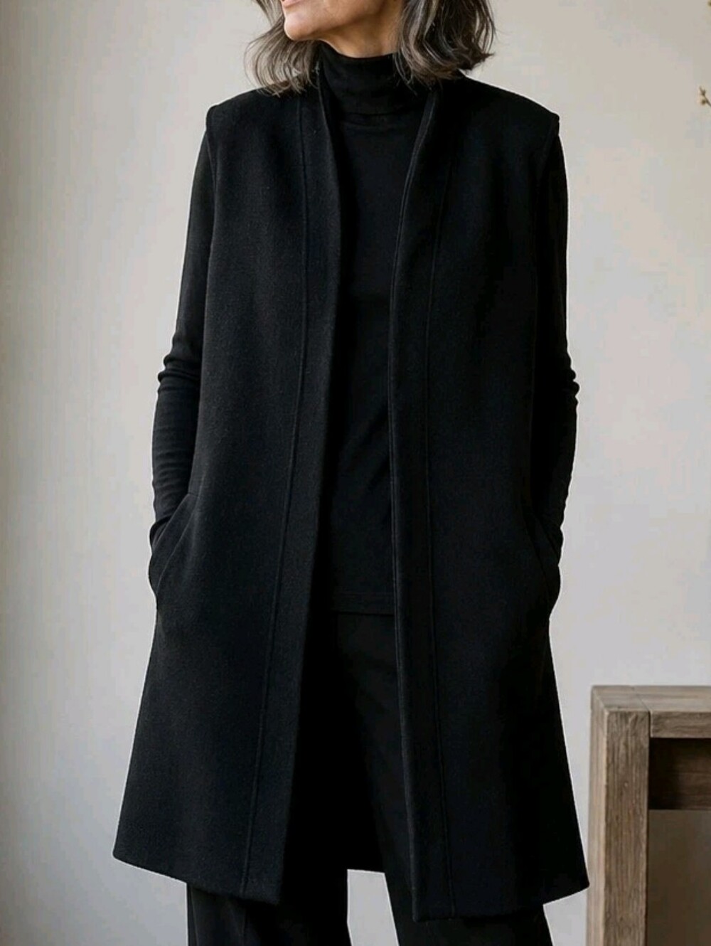 Eileen Fisher 100% Wool Vest Shawl Open Front Cardigan XXS Black